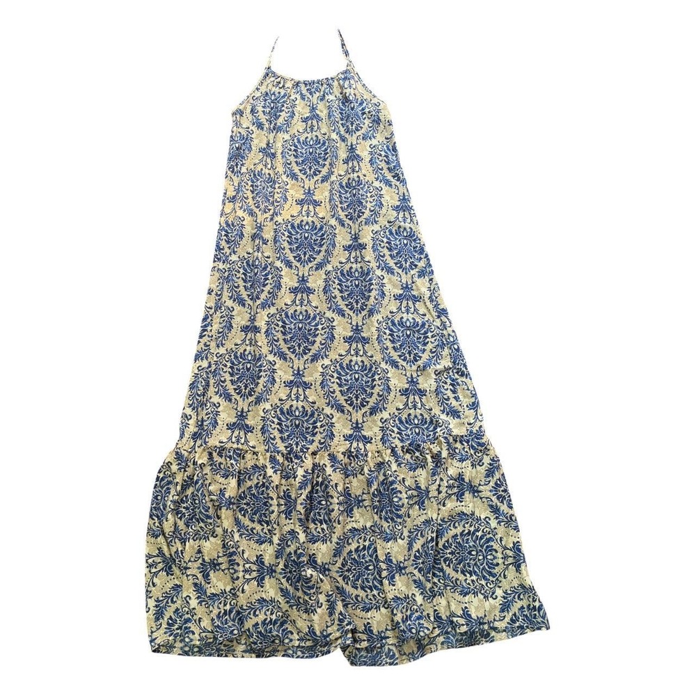 Dokotoo Womens Boho Floral Maxi Dress Blue Damask Spaghetti Strap Sundress M